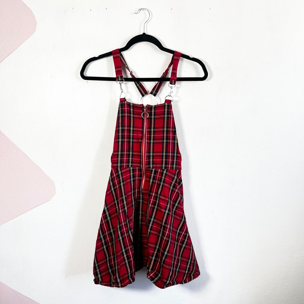 Hot Topic Red‎ Plaid Skirtall Sz XS Front Zipper Pockets Punk Overall Dress
